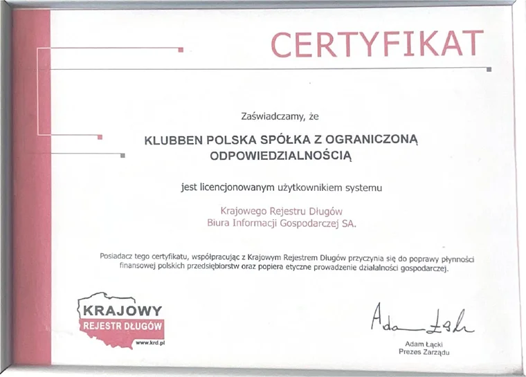 Certyfikat Krajowego Rejestru Długów dla Klubben Polska