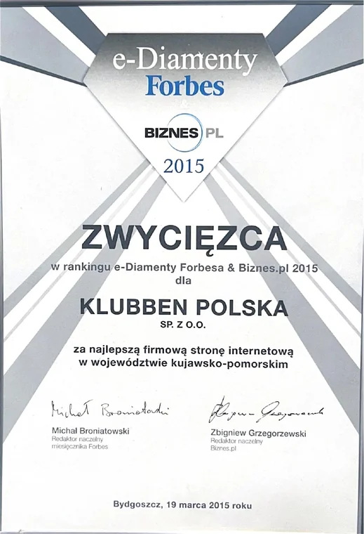 Dyplom e-Diamenty Forbes & Biznes.pl 2015 dla Klubben Polska