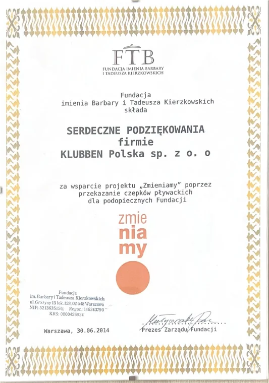 Podziękowanie Fundacji im. Barbary i Tadeusza Kierzkowskich za wsparcie projektu Zmieniamy