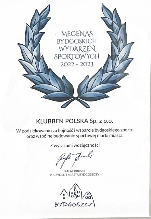 Dyplom Mecenas Bydgoskich Wydarzeń Sportowych 2022-2023 dla Klubben Polska